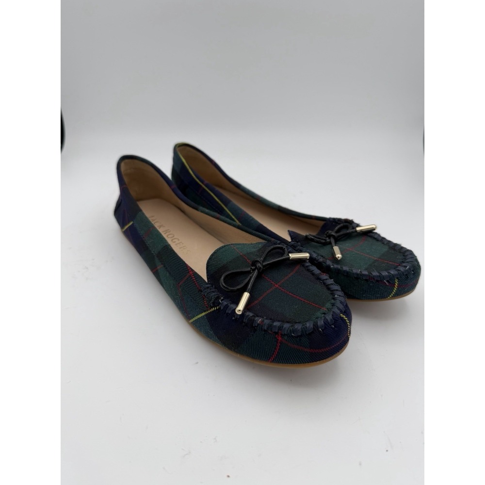 Jack Rogers Plaid Tartan Ballet Flats Womens 6.5 B Green Navy Bow Loafers. 1697